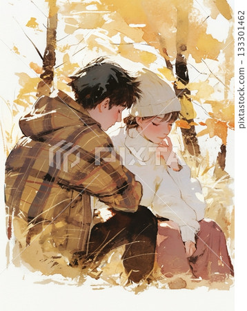 秋日暖陽：戀人依偎在秋葉間（水彩風格AI插畫） 133301462