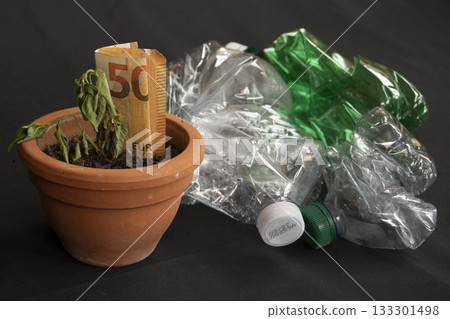 dead plant with euro money in pot next to crushed plastic bottles dead plant with euro money in pot next to crushed plastic bottles 133301498