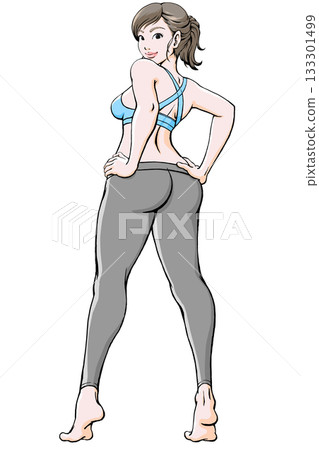 身穿運動服的年輕女子擺姿勢,背對著鏡頭,一手叉腰。 身穿運動服的年輕女子擺姿勢,背對著鏡頭,一手叉腰。 133301499