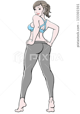 Young woman in sportswear posing looking back _ hands on hips _ no shadow 133301501