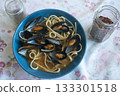pasta with mussels in blue bowl traditional italian seafood dish 133301518