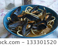 pasta with mussels in blue bowl traditional italian seafood dish 133301520