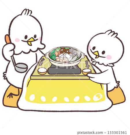 Illustration of white birds surrounding a hot pot in a kotatsu 133301561