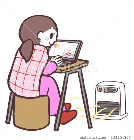 圖解:一位婦女一邊工作一邊用加熱器暖腳。 圖解:一位婦女一邊工作一邊用加熱器暖腳。 133301565
