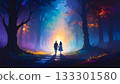 A fantastical forest silhouette of two people heading towards the light 133301580