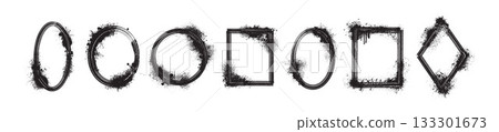 Black graffiti frame, dark splash edged border set, acrylic spray effect geometric grunge shape. Black graffiti frame, dark splash edged border set, acrylic spray effect geometric grunge shape. 133301673