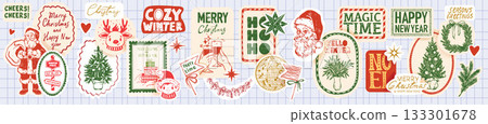 Christmas holiday sticker set, hand drawn doodle New Year winter badge pack, greeting quote print.  133301678