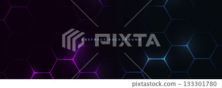 Dark hexagon abstract technology background with blue and pink colored bright flashes Dark hexagon abstract technology background with blue and pink colored bright flashes 133301780