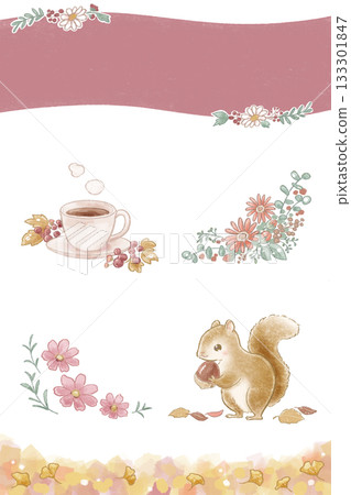 色鉛筆秋季主題插畫及標題框組（花、咖啡、松鼠、銀杏、粉紅色） 133301847