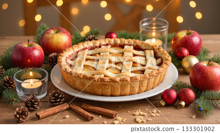 Christmas apple pie with lattice crust on festive table decorated with apples, pine branches, candles, and ornaments. Warm holiday dessert. 133301902