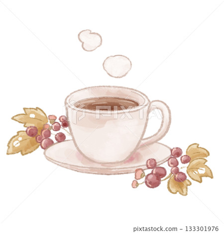A softly drawn colored pencil illustration of coffee with nuts and leaves. A softly drawn colored pencil illustration of coffee with nuts and leaves. 133301976