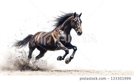 This dynamic photo captures the moment when the bear kicks up sand and leaps into the air. The tension in its muscles and the movement of its fur are clearly visible, creating a powerful and moving image. 133301999