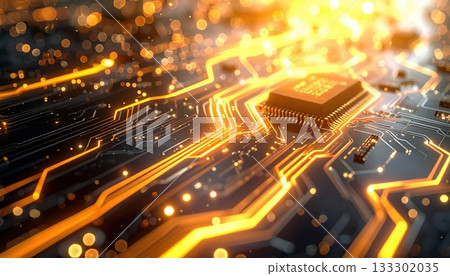 AI影像:發光的黃色電子電路板 AI影像:發光的黃色電子電路板 133302035