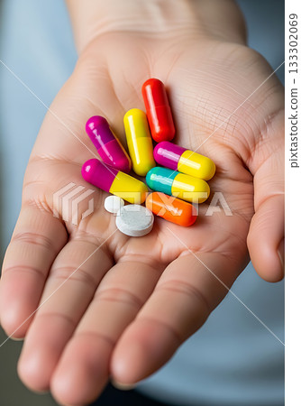 Hand holding colorful pills and capsules, concept of medicine and healthcare 133302069