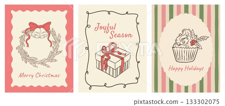 Hand draw Christmas greeting cards with wreath and bells, decorated cupcake, and gift box vector illustration set. Winter joyful seasonal postcard. 133302075