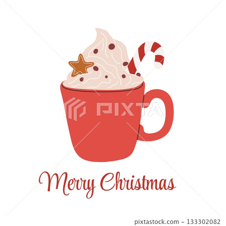 Christmas hot chocolate with candy cane and whipped cream vector illustration. Festive cappuccino clipart 133302082