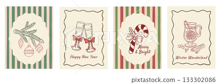 Set of vintage Christmas postcards featuring ornaments, champagne glasses, candy cane, and mulled wine illustration. Set of vintage Christmas postcards featuring ornaments, champagne glasses, candy cane, and mulled wine illustration. 133302086