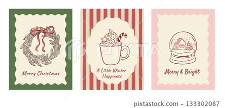Set of Cute retro Christmas cards with wreath, hot drink, and snow globe vector illustration. Winter holiday background 133302087