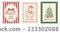 Set of vintage Christmas greeting cards with bells, snowman, and Xmas tree vector illustration. Winter holiday postcard, poster. background 133302088