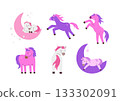 Set of cartoon funny whimsical horse vector illustrations. Cute fantasy dream pony sleeping on moon. 133302091