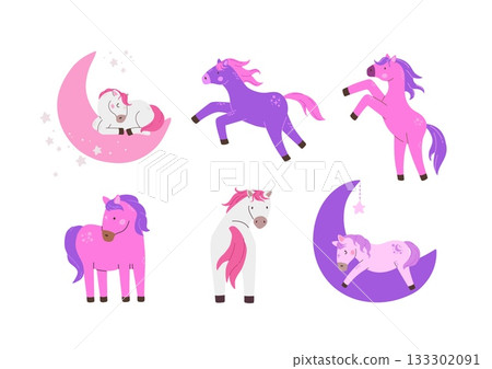 Set of cartoon funny whimsical horse vector illustrations. Cute fantasy dream pony sleeping on moon. 133302091