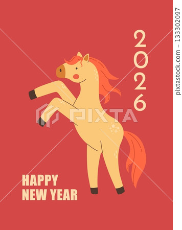 Chinese New Year of the horse 2026 greeting card on red background. Winter holiday postcard vector illustration. Chinese New Year of the horse 2026 greeting card on red background. Winter holiday postcard vector illustration. 133302097