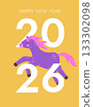 Happy new year 2026 card with a cheerful jumping horse. Chinese zodiac celebration background vector illustration. 133302098