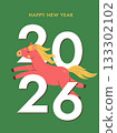 Chinese New Year of the horse 2026 greeting card on green background. Winter holiday vector illustration. 133302102