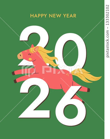 Chinese New Year of the horse 2026 greeting card on green background. Winter holiday vector illustration. 133302102
