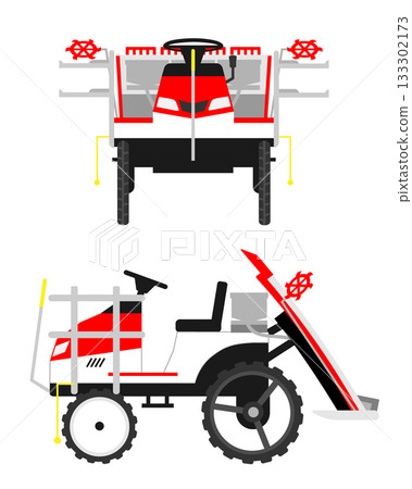 Front and side views of a rice planter (agricultural machinery) 133302173