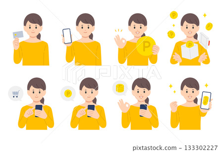 A set of young women shopping with credit cards and smartphones and earning points [People vector illustration material] 133302227