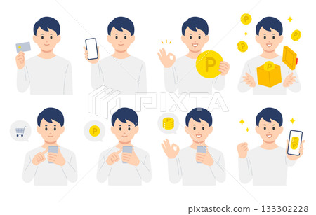 一群年輕人用信用卡和智慧型手機購物並賺取積分[人物向量插圖素材] 133302228
