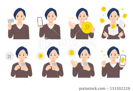 Set of middle-aged women shopping with credit cards and smartphones and earning points [People vector illustration material] 133302229