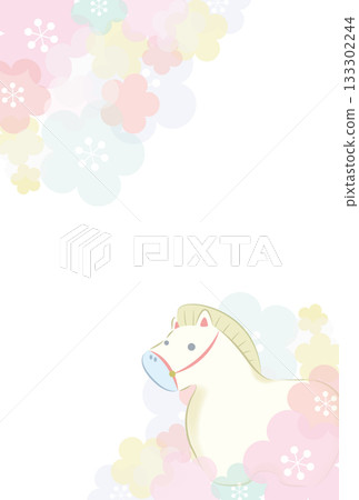 2026 Reiwa 8 Year of the Horse New Year's postcard template Japanese-style ornamental horse in a beige color with a plum blossom background frame, vertical 2026 Reiwa 8 Year of the Horse New Year's postcard template Japanese-style ornamental horse in a beige color with a plum blossom background frame, vertical 133302244