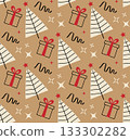 Winter seamless pattern with christmas trees, gift boxes, serpentine and stars. Design for textile, wallpaper, fabric, wrapping, giftwrap, paper, scrapbook and packaging. Vector illustration. 133302282