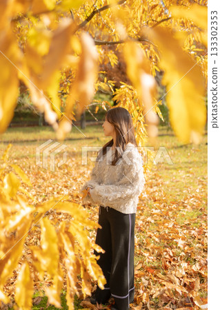A young woman standing among fallen ginkgo leaves in an autumn park A young woman standing among fallen ginkgo leaves in an autumn park 133302353