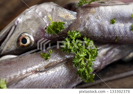 Fresh European hake fish on wooden board with parsley, Raw uncooked Merluccius merluccius close-up Fresh European hake fish on wooden board with parsley, Raw uncooked Merluccius merluccius close-up 133302378
