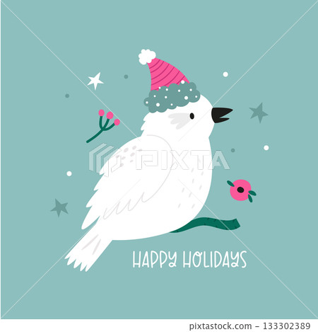 Cute Cartoon White Kookaburra Bird Wearing Santa Hat on Branch with Happy Holidays Text Cute Cartoon White Kookaburra Bird Wearing Santa Hat on Branch with Happy Holidays Text 133302389