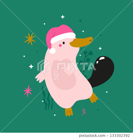 Cute Cartoon Pink Platypus Wearing Santa Hat on Dark Teal Christmas Background Cute Cartoon Pink Platypus Wearing Santa Hat on Dark Teal Christmas Background 133302392