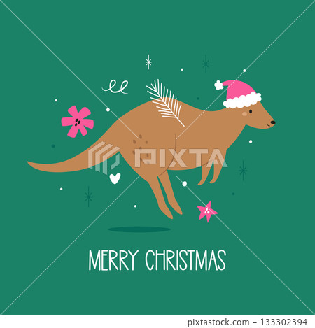 Cute Cartoon Brown Kangaroo Wearing Santa Hat with Feather and Merry Christmas Text 133302394
