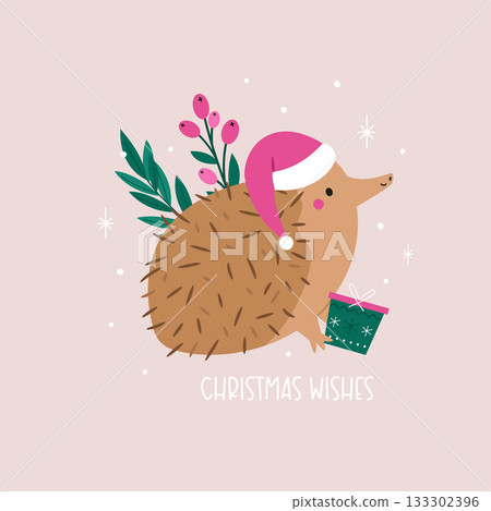 Cute Cartoon Echidna Wearing Santa Hat Holding Gift and Christmas Wishes Text 133302396