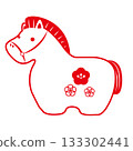 Stamp-style red material that can be used for New Year's cards and New Year's sales in 2026 (Reiwa 8), featuring a Japanese-style horse figurine and plum blossoms. 133302441