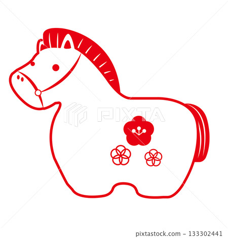 Stamp-style red material that can be used for New Year's cards and New Year's sales in 2026 (Reiwa 8), featuring a Japanese-style horse figurine and plum blossoms. 133302441