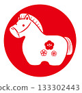 A stamp-style circular solid image that can be used for New Year's cards and New Year's sales in 2026 (Reiwa 8). A Japanese-style horse figurine and plum blossom pattern. 133302443