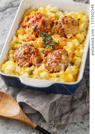 Italian Casserole: beef meatballs and mashed potatoes with cheese, tomato sauce, and thyme in a baking dish. Vertical Italian Casserole: beef meatballs and mashed potatoes with cheese, tomato sauce, and thyme in a baking dish. Vertical 133302549