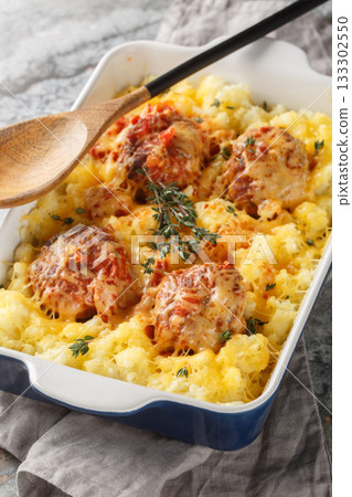 Casserole of meatballs and mashed potatoes with cheese, tomato sauce and herbs in a baking dish. Vertical Casserole of meatballs and mashed potatoes with cheese, tomato sauce and herbs in a baking dish. Vertical 133302550