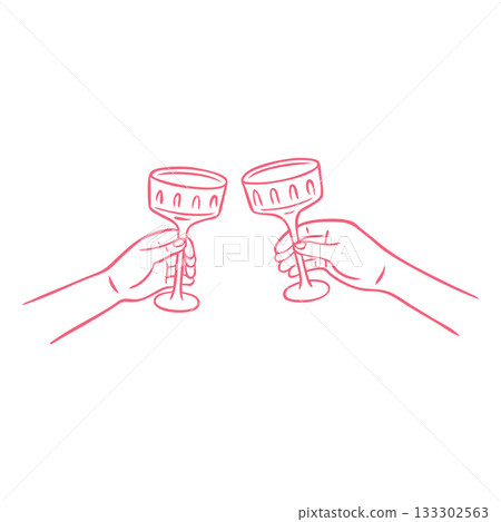 Friends hands holding champagne glasses and cheers or drinking toast to celebrate, vector pink line art beverage clink Friends hands holding champagne glasses and cheers or drinking toast to celebrate, vector pink line art beverage clink 133302563