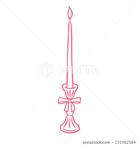 Burning candle on a candlestick vector line art, pink doodle vintage candle decorated with ribbon bow, Save the date 133302564