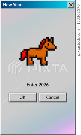 2026 New Year themed dialogue box with blue dragon. Abstract vaporwave, y2k aesthetics window with 90s style system message 2026 New Year themed dialogue box with blue dragon. Abstract vaporwave, y2k aesthetics window with 90s style system message 133302570