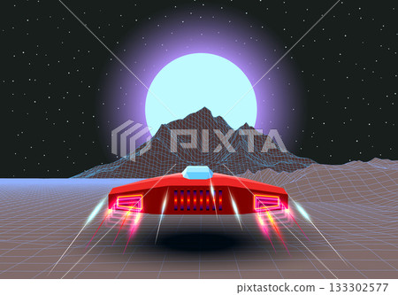 Arcade space ship flying to the sun over synthwave mountain peak Arcade space ship flying to the sun over synthwave mountain peak 133302577